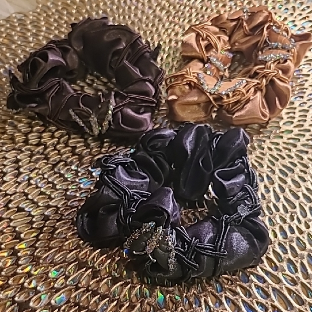 Elegant Satin Hair Scrunchies Gray, Brown, Gold Rhinestone Embellished Set of 3